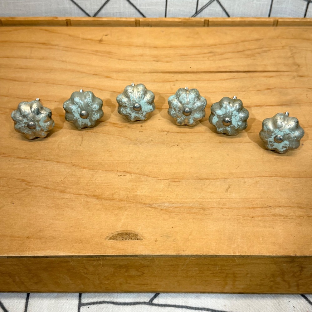 Set‎ of 6 Mercury Glass Pumpkin Drawer Pulls Knobs Silver Verdigris Shabby Chic
